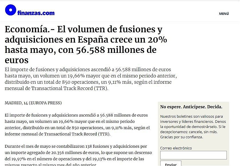 El volumen de fusiones y adquisiciones en Espaa crece un 20% hasta mayo, con 56.588 millones de euros